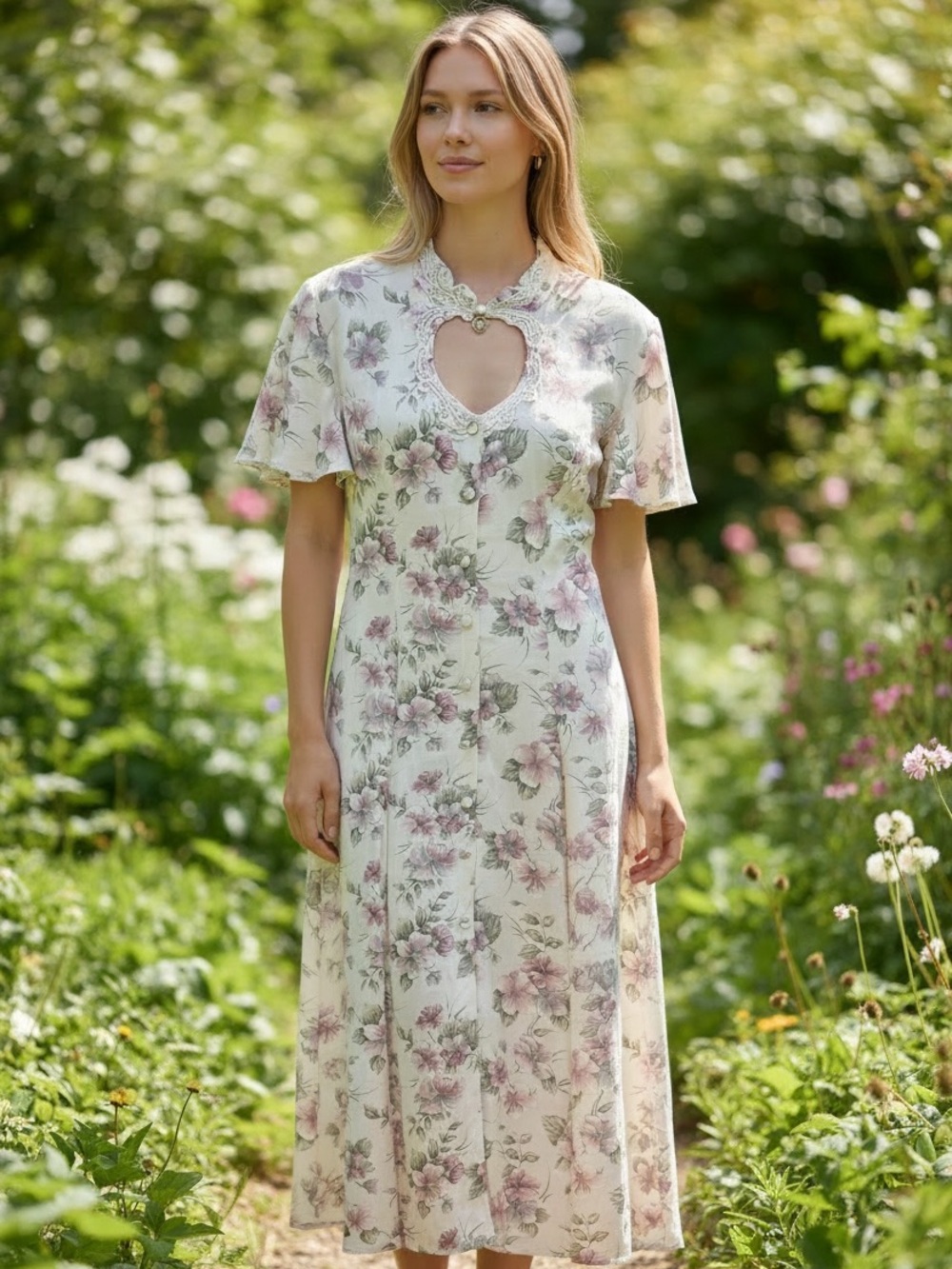Vintage 90s Frederick’s of Hollywood Floral Maxi Dress Cottagecore Coquette